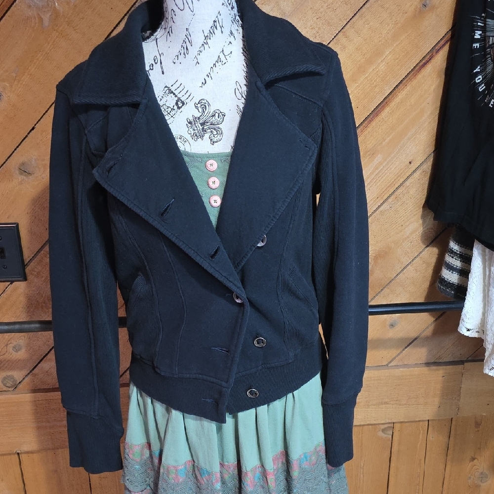 Free‎ People Black Knit Moto Jacket Double Breasted Sweatshirt Blazer Small